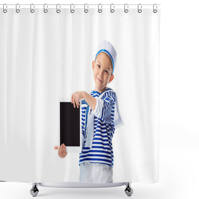 Personality  Front View Of Smiling Preschooler Child In Sailor Costume Holding Digital Tablet With Blank Screen Isolated On White Shower Curtains