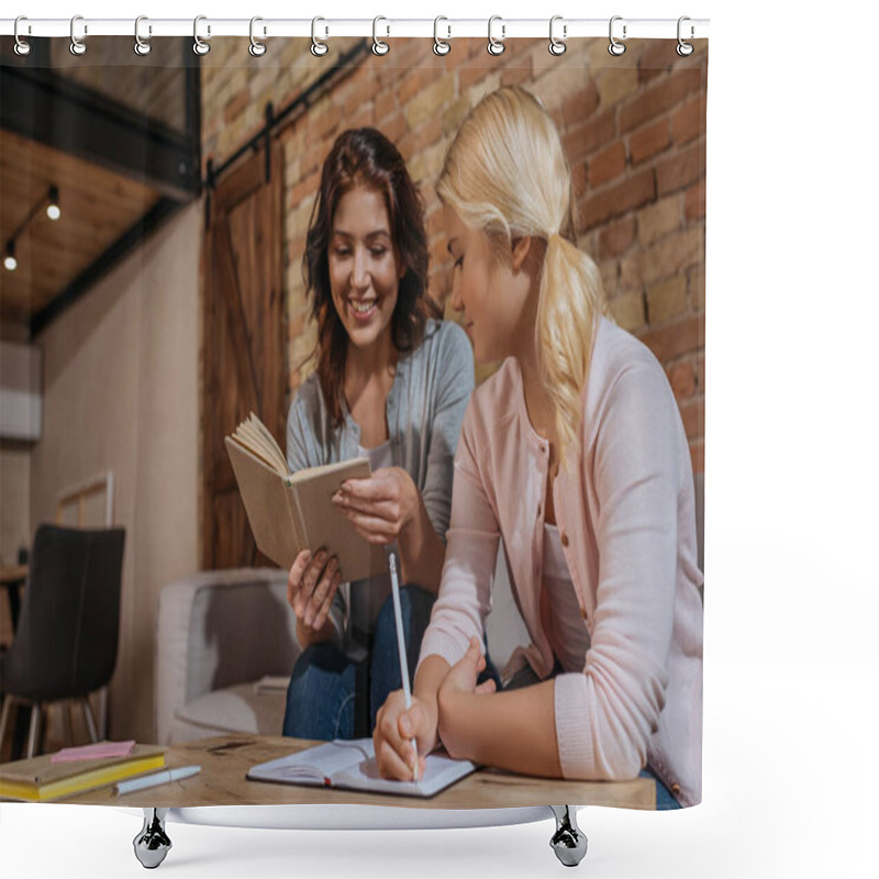 Personality  Smiling Woman Reading Book Near Daughter Writing On Notebook At Home  Shower Curtains