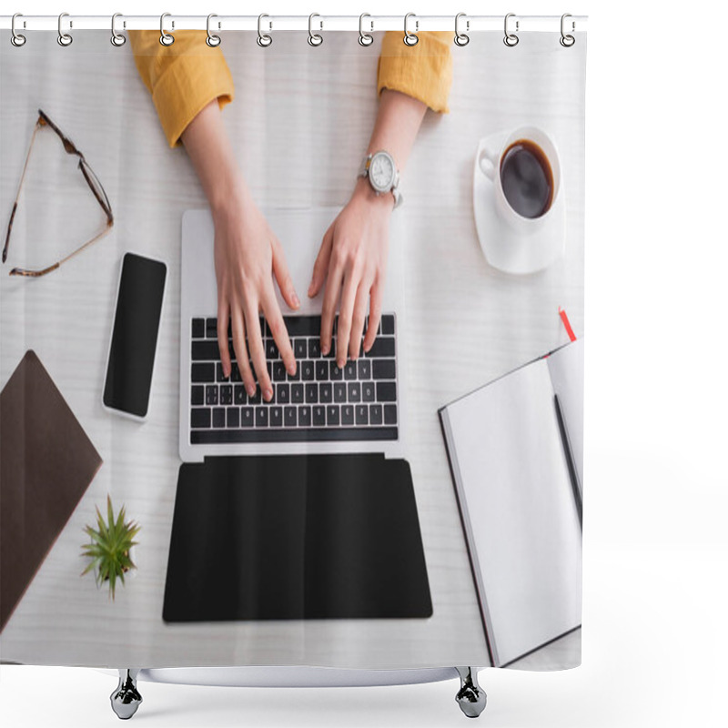 Personality  Cropped View Of Freelancer Typing On Laptop Near Smartphone With Blank Screen And Coffee Cup Shower Curtains