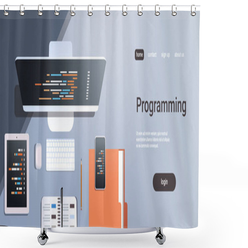 Personality  Web Site Design Development Program Code Programming Concept Top Angle View Desktop Computer Monitor Tablet Smartphone Screen Organizer Office Stuff Horizontal Copy Space Shower Curtains