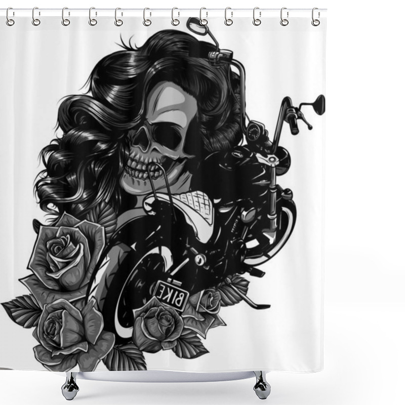 Personality  Vector Illustration Motorcycle With Woman Skull And Roses Shower Curtains