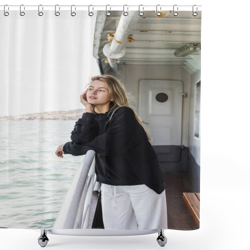 Personality  Dreamy Young Woman In Black Sweater Looking At Sea From Ferry Boat Crossing Bosporus In Istanbul  Shower Curtains