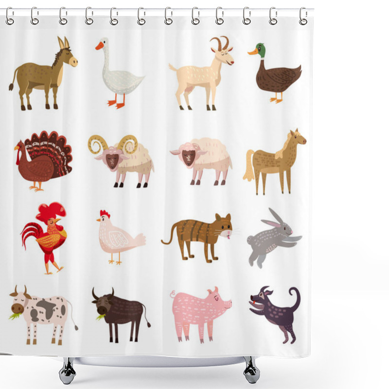 Personality  Farm Animals Cute Set In Cartoon Style Isolated On White Background. Vector Illustration. Cute Cartoon Animals Collection Sheep, Goat, Cow, Donkey, Horse, Pig, Cat, Dog, Duck, Goose, Chicken, Ram, Hen Shower Curtains