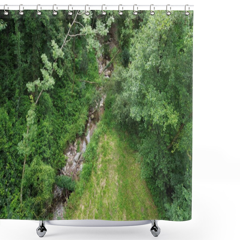 Personality  Fairy-tale Aerial View From Above Of The Curvilinear River In The Green Wild Atmosphere Shower Curtains