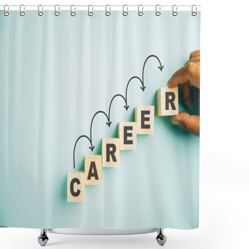 Personality  Hand Delicately Placing A Wooden Cube Block With Word CAREER On Vibrant Blue Background, Offering Ample Copy Space For Text. Illustrating The Concept Of Business Career Planning Growth Towards Success Shower Curtains