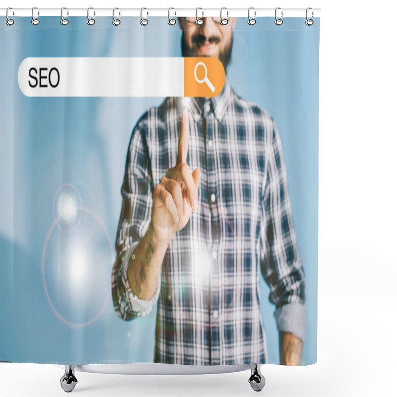 Personality  Cropped View Of Developer In Checkered Shirt Pointing SEO Search Bar Shower Curtains