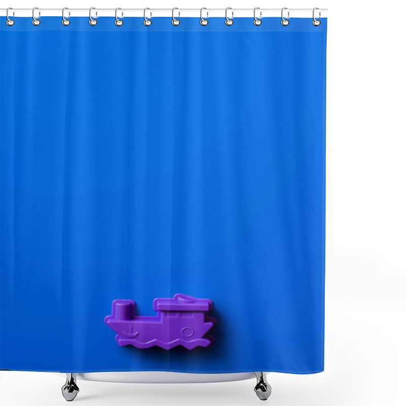 Personality  Top View Of Purple Toy Ship On Blue Background With Copy Space Shower Curtains