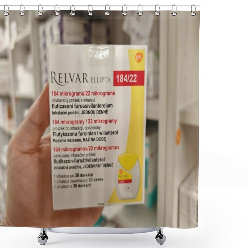 Personality  Prague, Czech Republic -December 5 2024: RELVAR ELLIPTA Inhaler With FLUTICASONE And VILANTEROL Active Substances By GLAXOSMITHKLINE, Used For Asthma And COPD. Shower Curtains