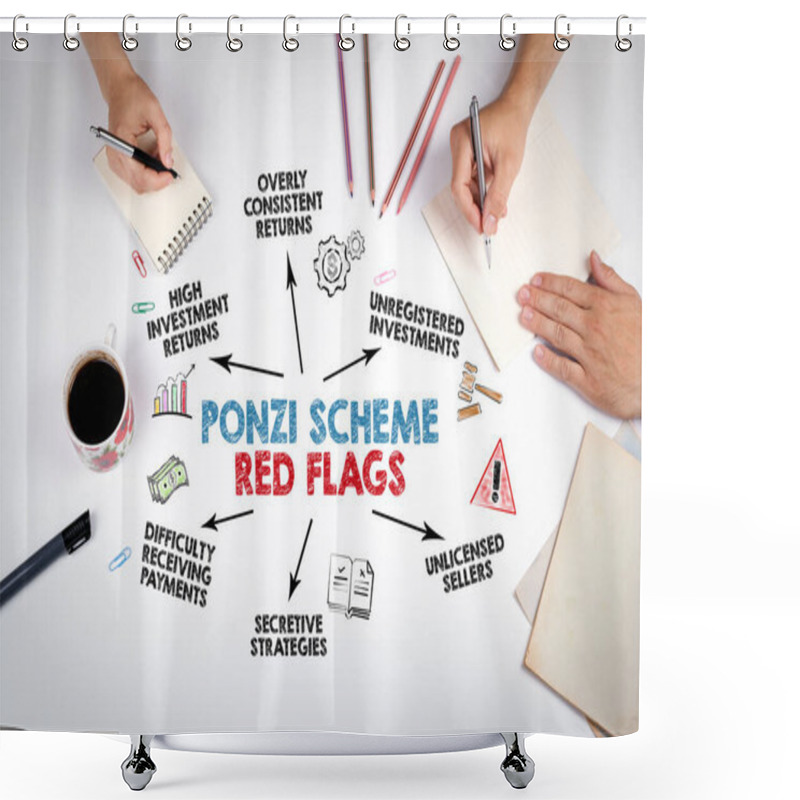 Personality  Ponzi Scheme Red Flags Concept. The Meeting At The White Office Table. Shower Curtains