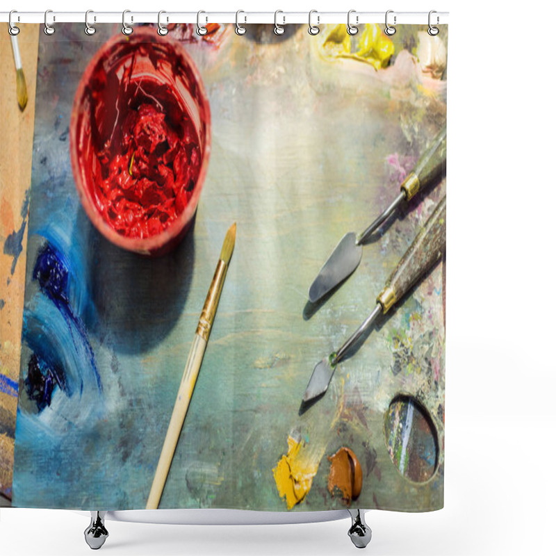 Personality  Painting Brushes, Palette And Red Poster Paint On Wooden Table In Workshop Shower Curtains