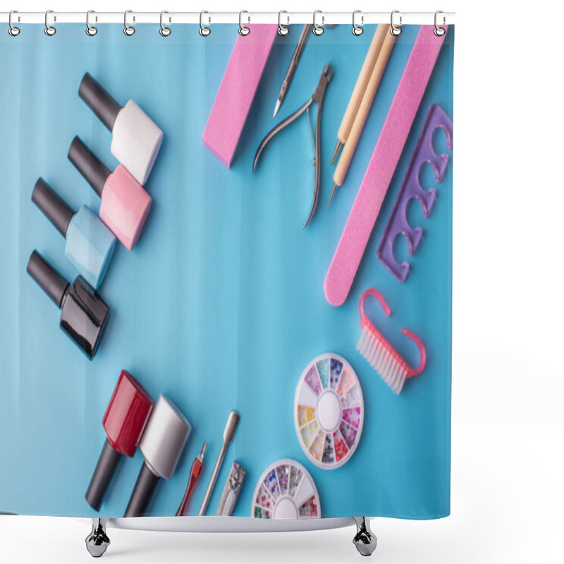 Personality  A Set Of Cosmetic Tools For Manicure And Pedicure On A Blue Background. Gel Polishes, Nail Files And Clippers, Top View Shower Curtains