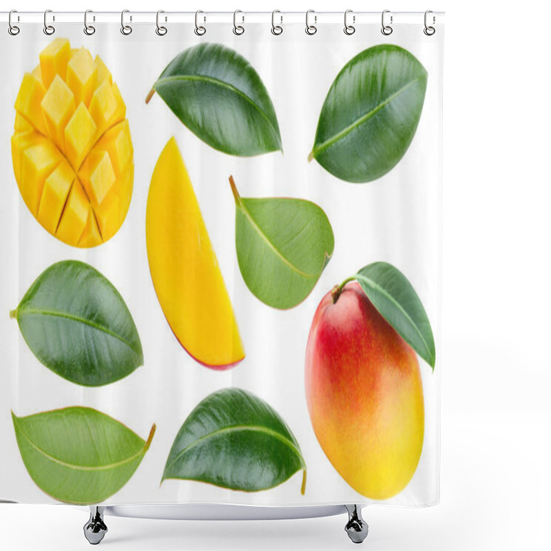 Personality  Mango Whole And Cubes In Slice With Leaf Isolated On White Background. Mango Clipping Path. Full Depth Of Field. Shower Curtains