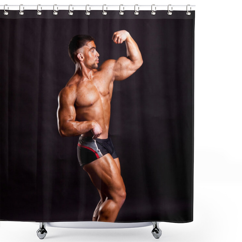 Personality  Young Bodybuilder Posing Shower Curtains