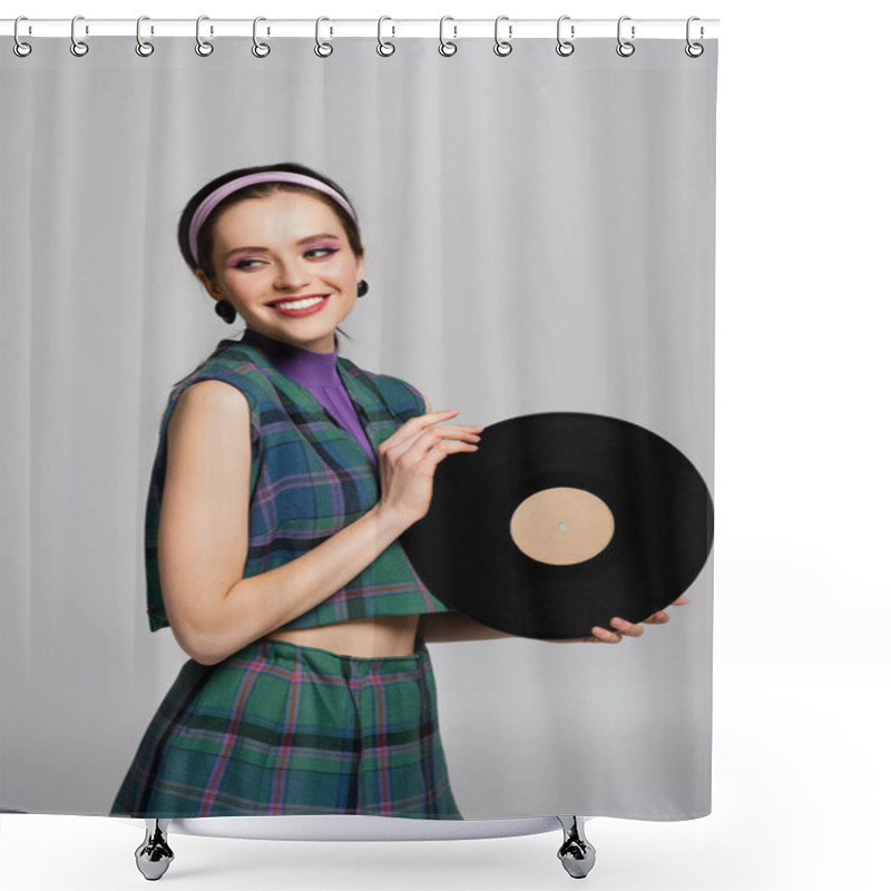 Personality  Happy Young Woman In Headband Holding Retro Vinyl Disc Isolated On Grey Shower Curtains