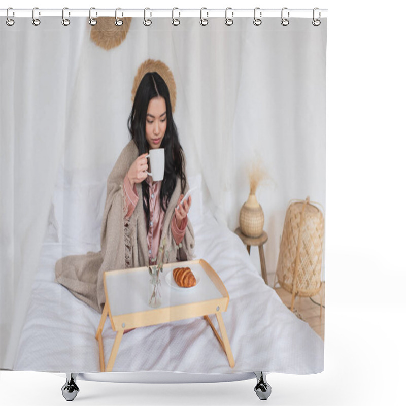 Personality  Young Asian Woman In Silk Pajamas And Blanket Sitting On Bed And Drinking Coffee In Bedroom Shower Curtains