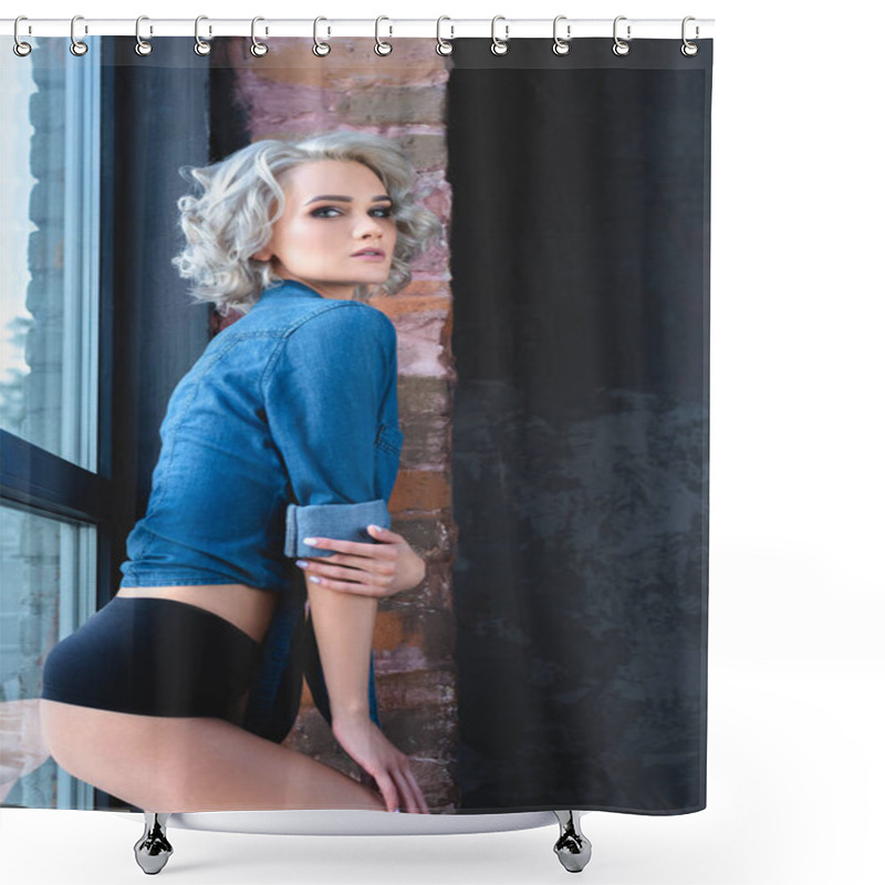 Personality  Attractive Young Woman In Denim Shirt And Underwear Leaning Back On Large Loft Window And Looking At Camera Shower Curtains