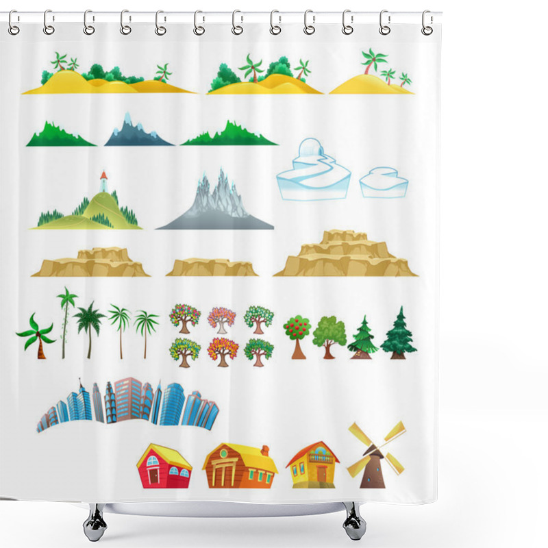 Personality  Set Of Trees, Mountains, Hills, Islands And Buildings. Shower Curtains