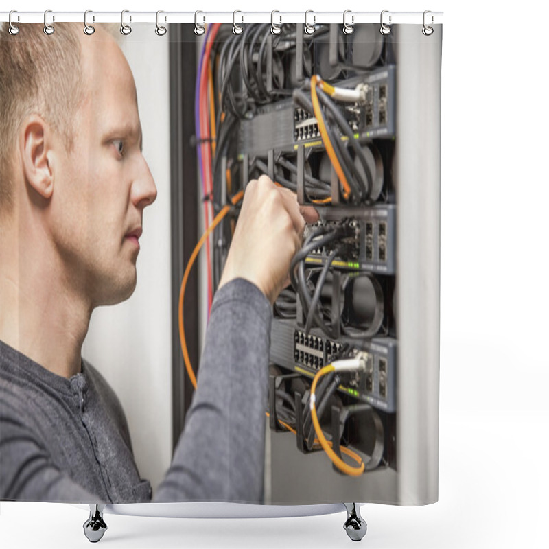 Personality  IT Consultant Connecting Network Cable Into Switch Shower Curtains