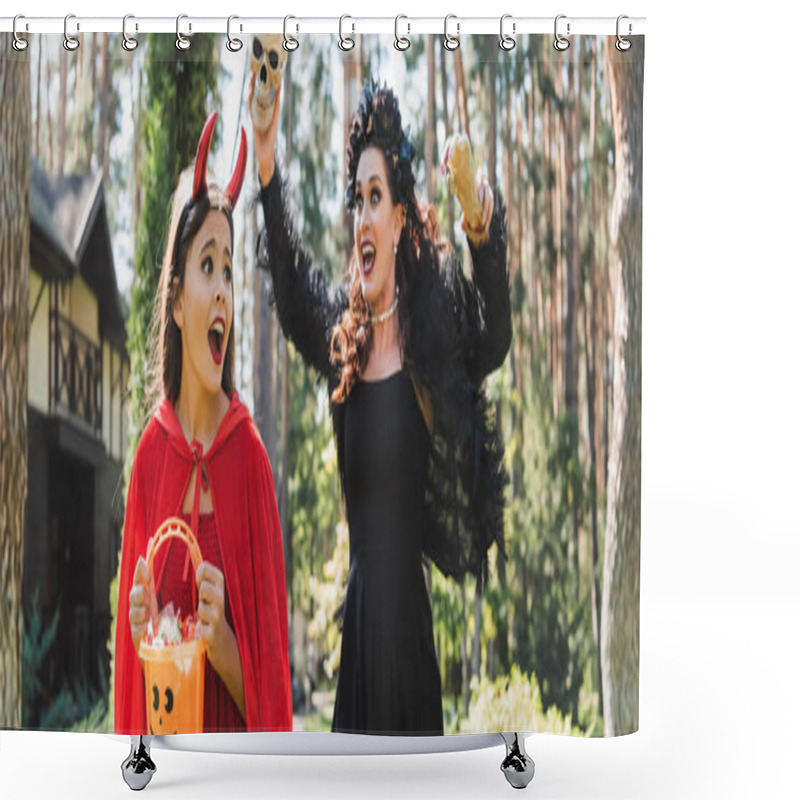 Personality  Woman In Vampire Halloween Costume Scaring Daughter With Toy Hand And Skull, Banner Shower Curtains