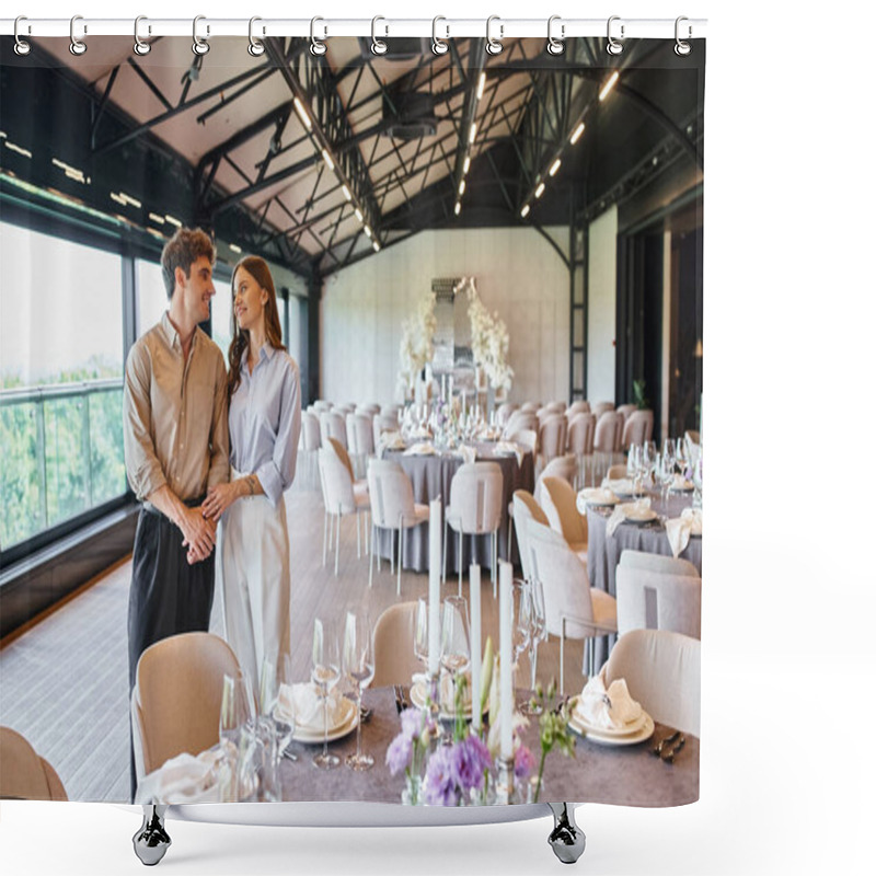 Personality  Happy Couple In Love Looking At Each Other Near Festive Table In Event Hall, Bridal Preparation Shower Curtains