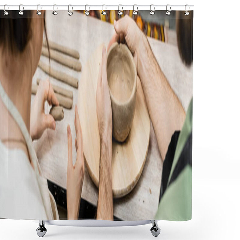 Personality  Cropped View Of Romantic Couple Molding Clay While Working In Ceramic Workshop, Banner Shower Curtains