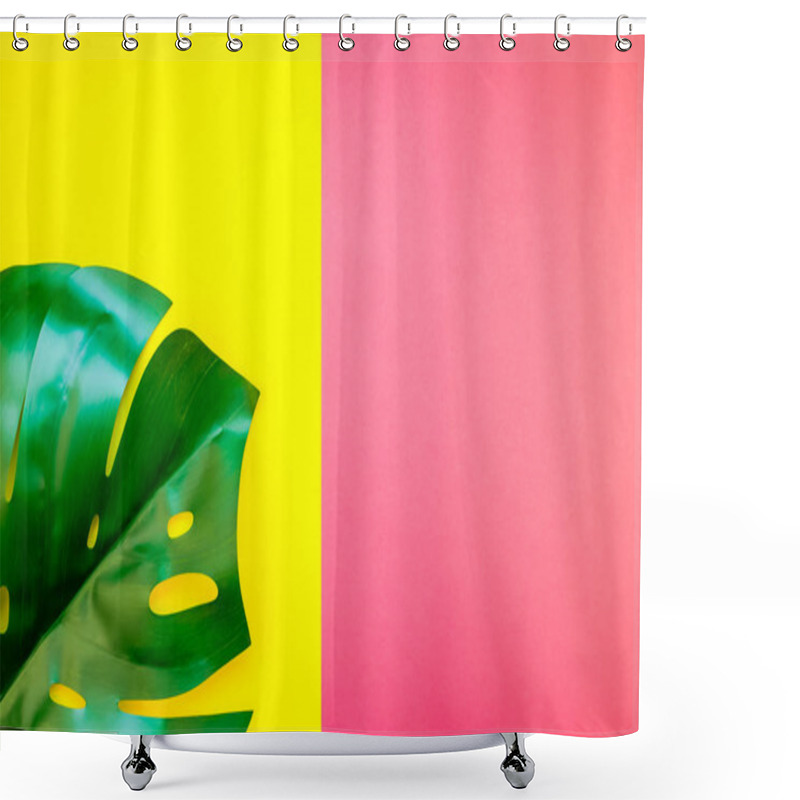 Personality  Tropical Jungle Palm Monstera Leaves On Bright Yellow Paper Background. Summer Creative Pop Art Flat Lay Concept Template For Text Shower Curtains