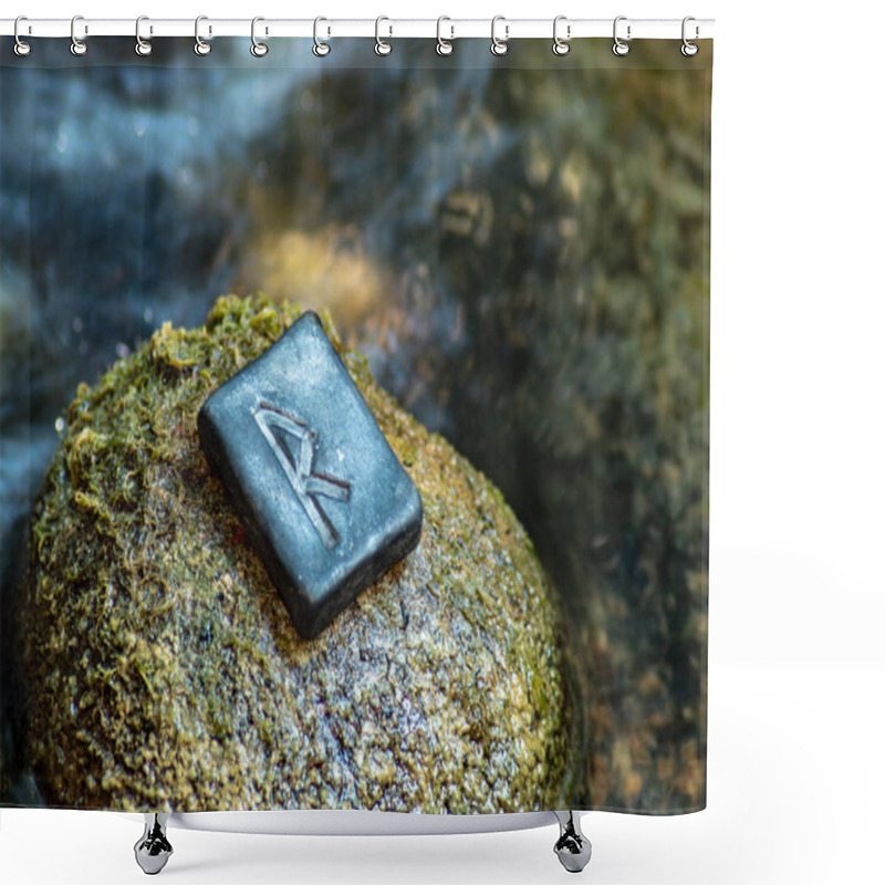 Personality  Norse Rune Raidho On The Stone And The Evening River Background. Traffic, Direction, Path, Vehicle. The Rune Of Order And Legality, It Helps In Judicial And Bureaucratic Cases. Shower Curtains