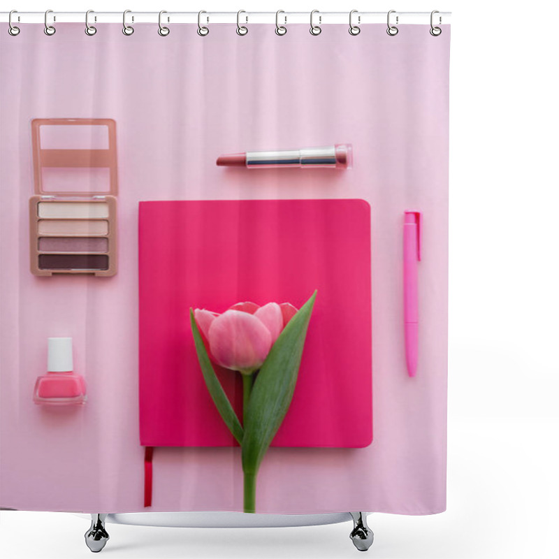 Personality  Top View Of Tulip On Notebook, Pen And Decorative Cosmetics On Pink Shower Curtains