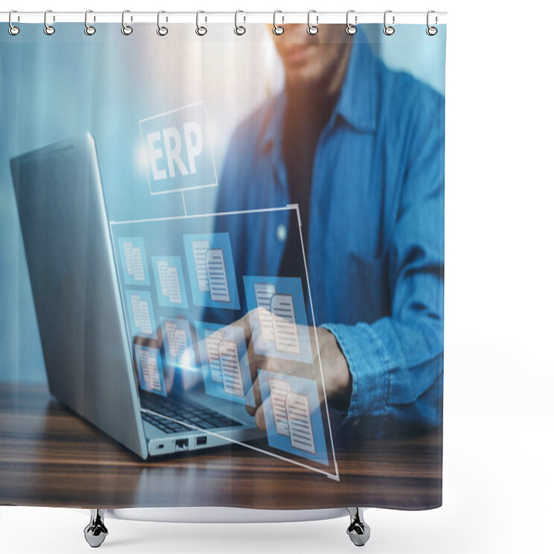 Personality  ERP Software Document Concept, Document Management Concept. Businessman Working With Laptop Computer With Icons On Virtual Screen And Office  Background. Shower Curtains