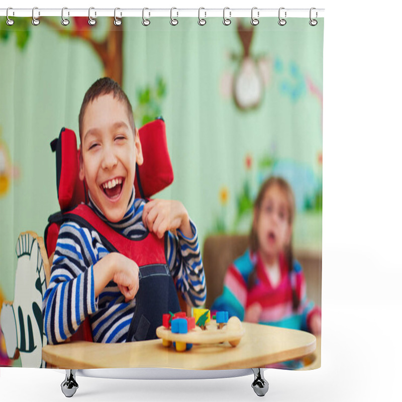 Personality  Cheerful Boy With Disability At Rehabilitation Center For Kids With Special Needs Shower Curtains