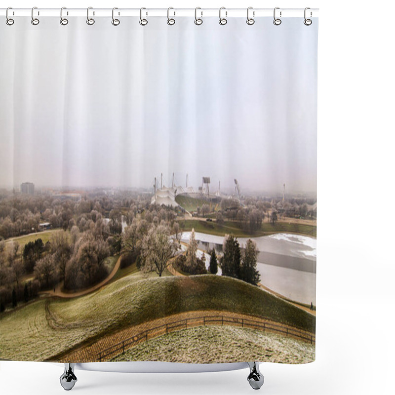 Personality  Olympia Stadium In Munich, Germany Under Fog In Winter Shower Curtains