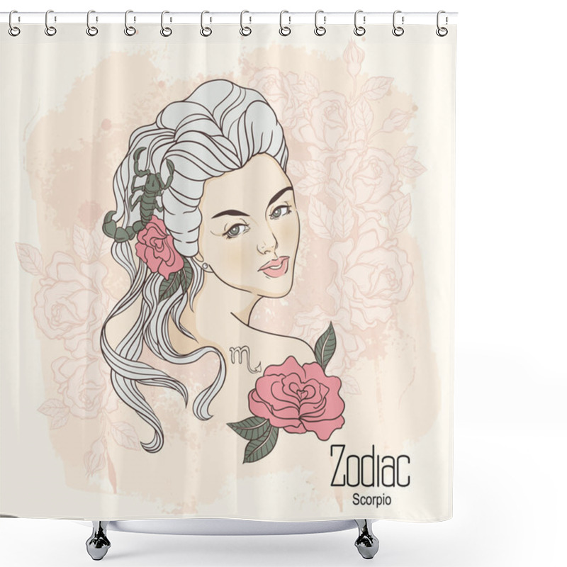 Personality  Zodiac. Vector Illustration Of Scorpio As Girl With Flowers. Des Shower Curtains