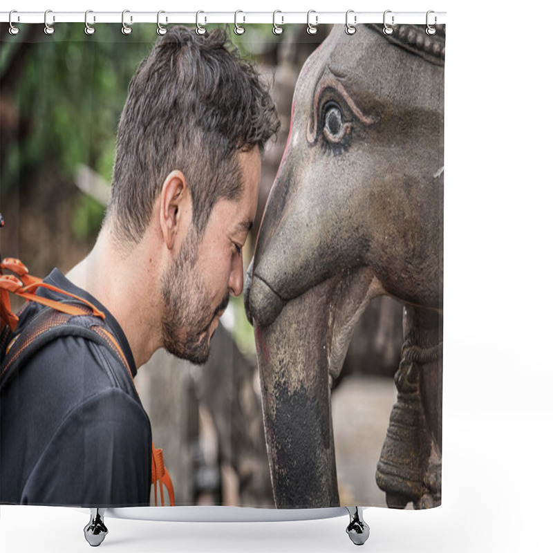 Personality  Close-up Of Western Tourist Leaning On The Head In Ganesha, Airavata To Make A Prayer Request. Shower Curtains