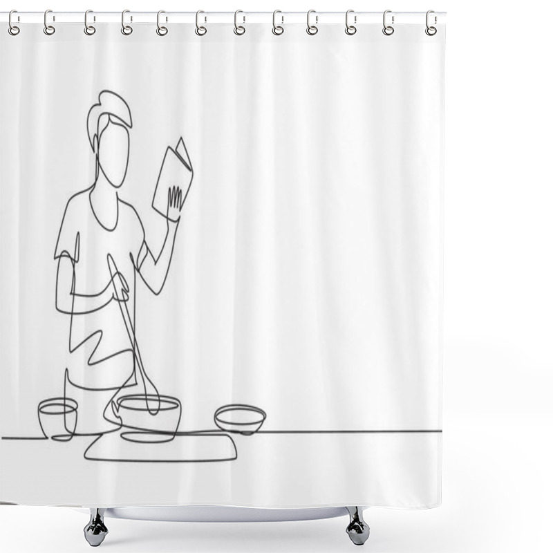 Personality  Single Continuous Line Drawing Young Man Cooking While Reading Book She Is Holding. Healthy Food Lifestyle Concept. Cooking At Home. Prepare Food. One Line Draw Graphic Design Vector Illustration Shower Curtains