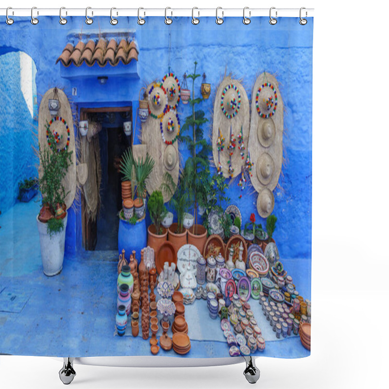 Personality  North Africa. Morocco. Chefchaouen. Souvenirs Shop In A Blue Street Of The Medina Shower Curtains