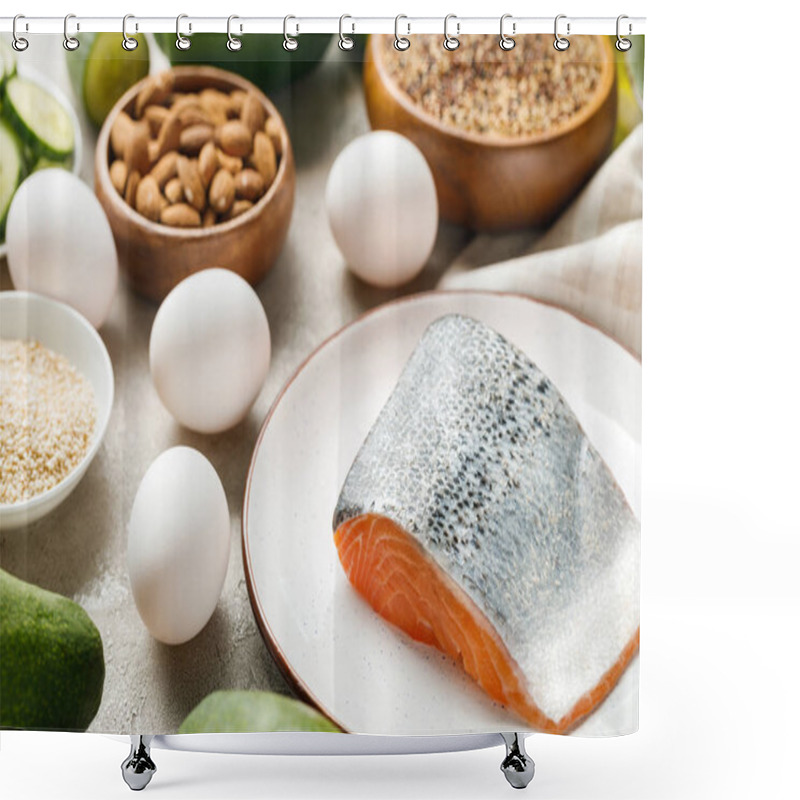 Personality  Fresh Salmon On White Plate Near Nuts And Eggs, Ketogenic Diet Menu Shower Curtains