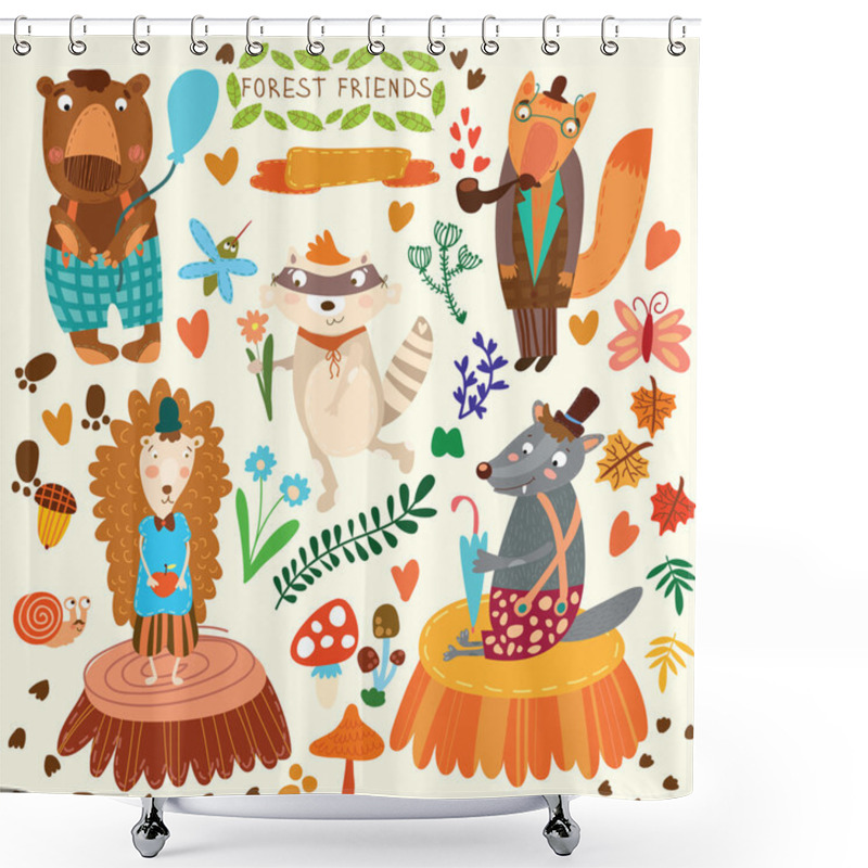 Personality  Vector Set Of Cute Woodland And Forest Animals. Bear, Hedgehog,  Shower Curtains