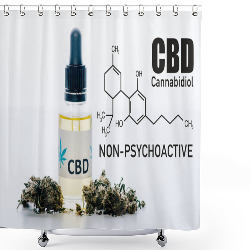 Personality  Cbd Oil In Bottle Near Medical Marijuana Buds Isolated On White With Cbd Molecule Illustration Shower Curtains