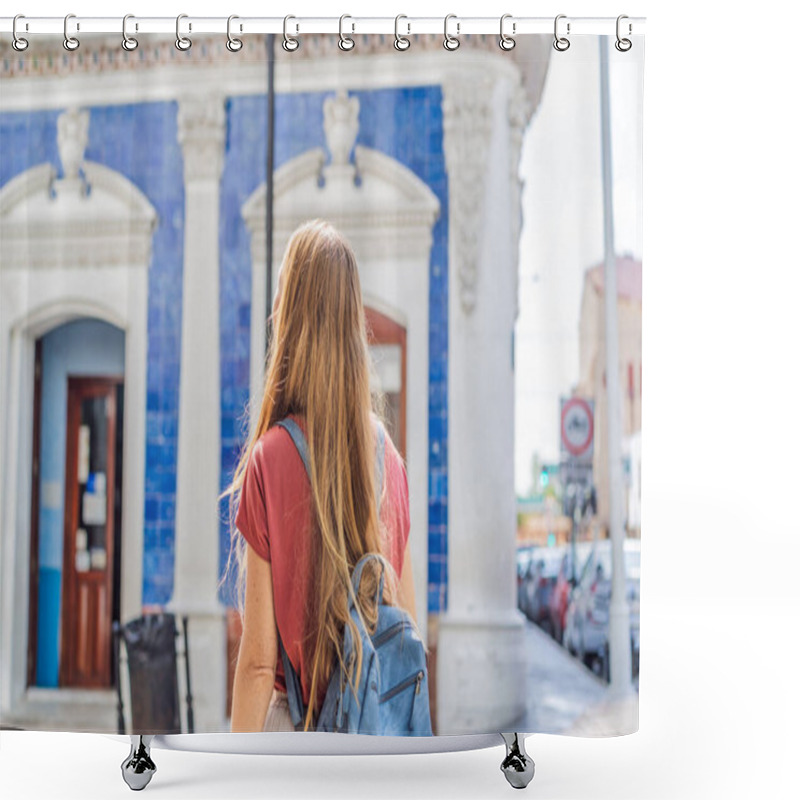 Personality  Female Tourist In Front Of Casa De Los Azulejos In Villahermosa, Mexico. Quintana Roo Travel, Cultural Exploration, And Historic Architecture Concept. Shower Curtains