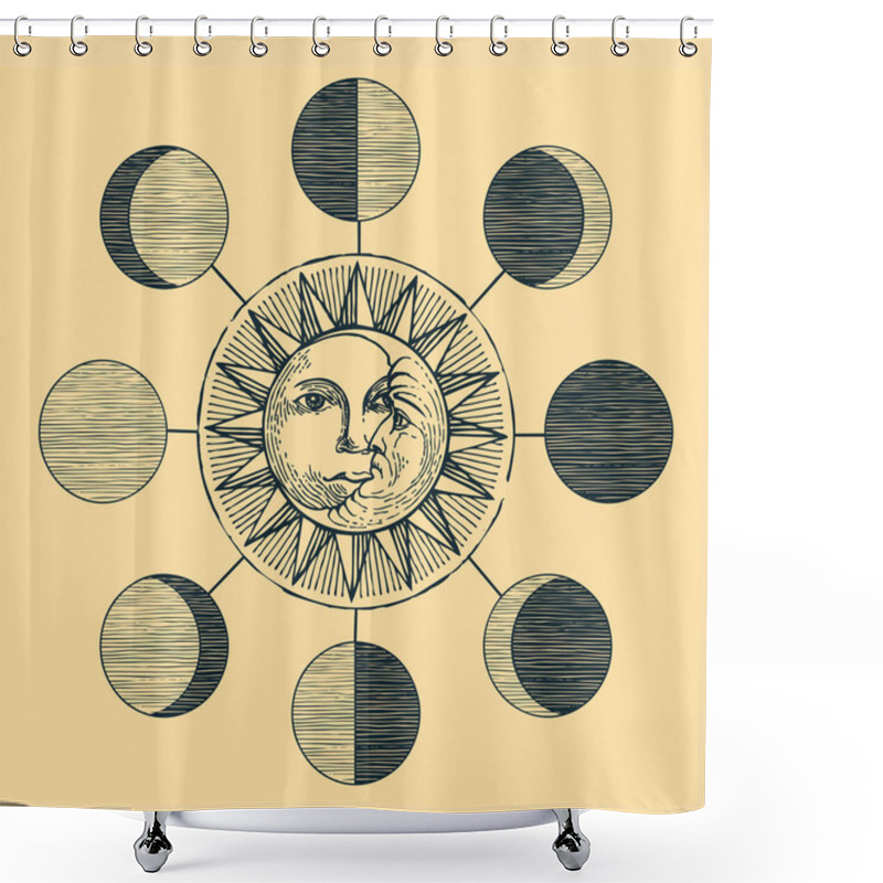 Personality  A Hand-drawn Banner With A Circle Of Lunar Phases, The Sun And The Moon With Human Faces On An Old Paper Background. Monochrome Vector Illustration On A Space Theme In Vintage Style Shower Curtains