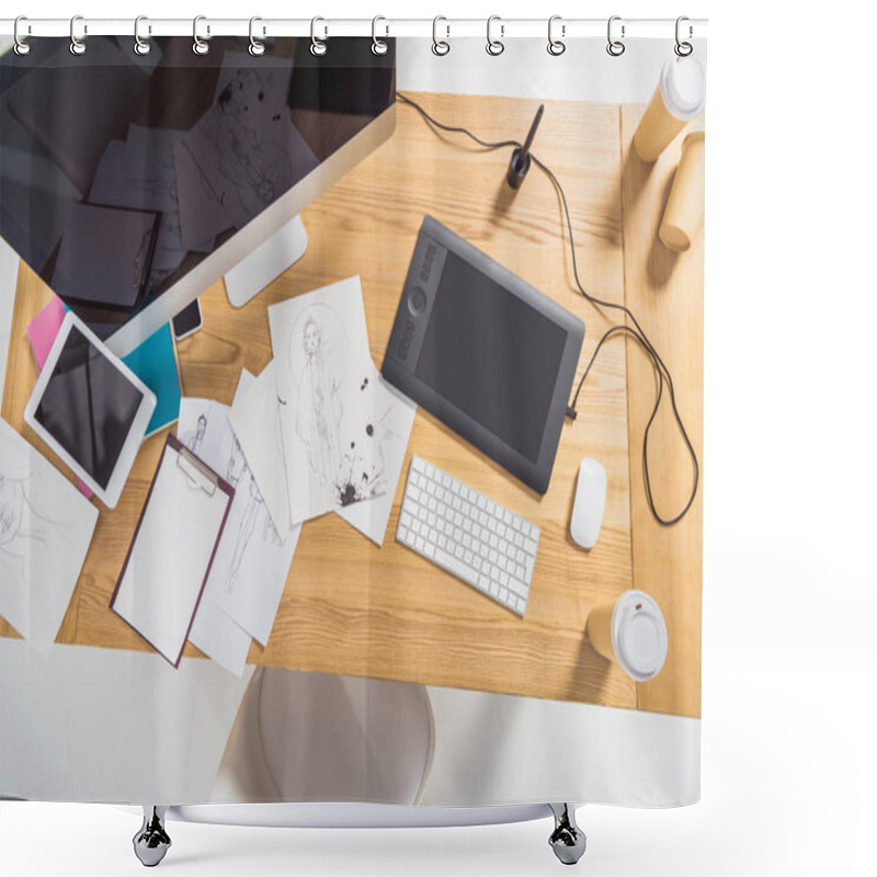 Personality  Work Place Of Designer With Illustrations And Computer Shower Curtains