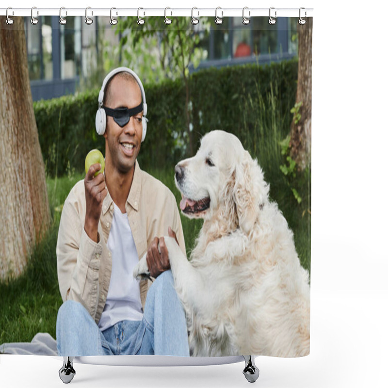 Personality  An African American Man With Myasthenia Gravis Wears Headphones Next To His Loyal Labrador Dog, Embodying Diversity And Inclusion. Shower Curtains