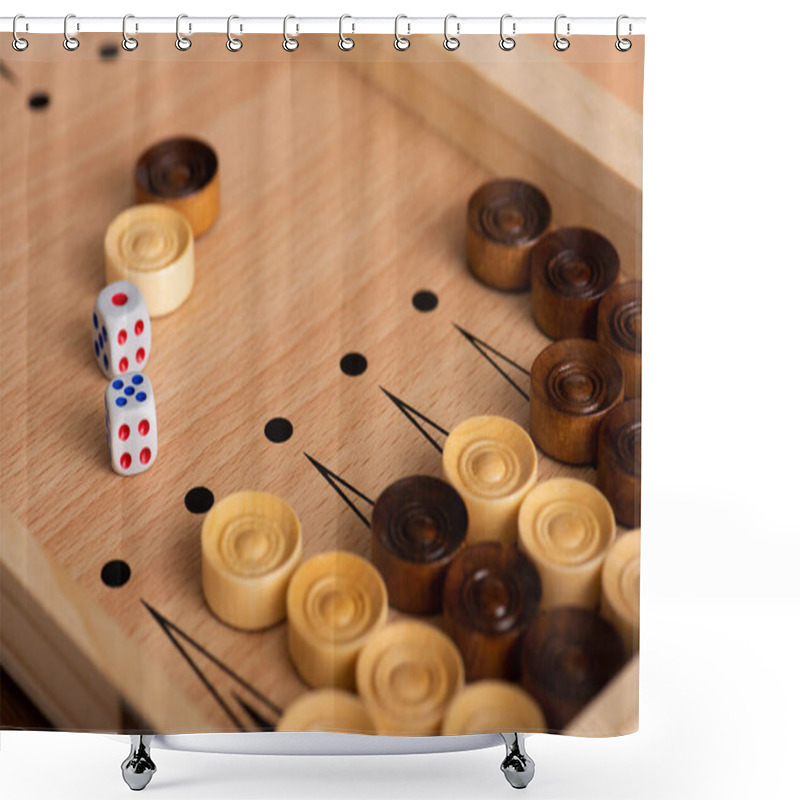 Personality  KYIV, UKRAINE - JANUARY 30, 2019: Selective Focus Of Wooden Backgammon Board With Checkers And Dice Pair Shower Curtains