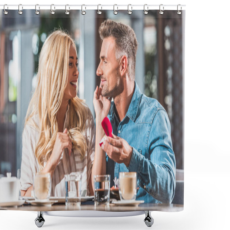 Personality  Handsome Boyfriend Proposing Surprised Girlfriend And Showing Ring In Cafe Shower Curtains