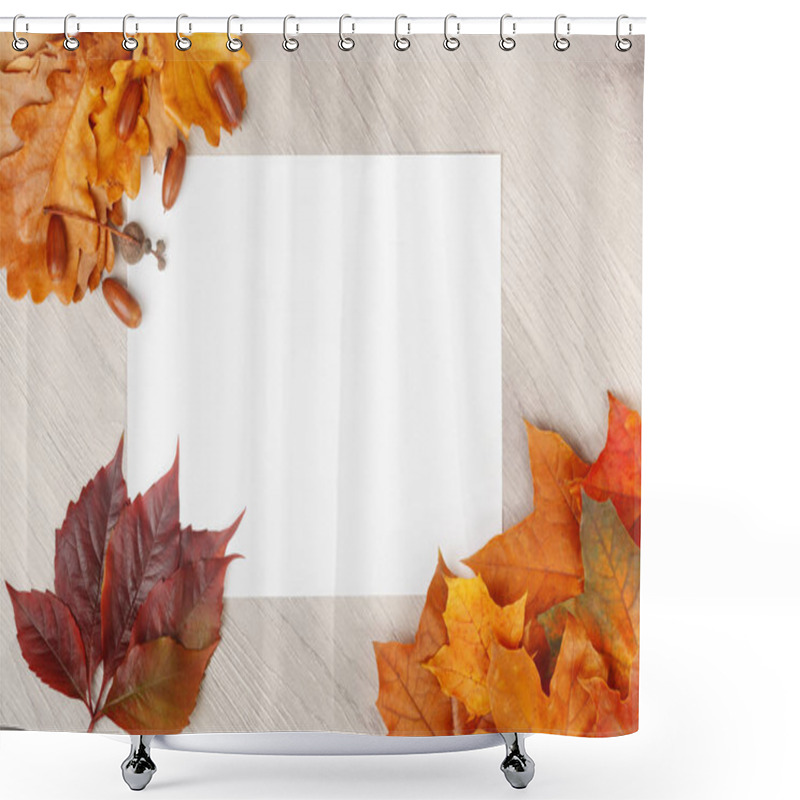 Personality  Blank White Paper On Wooden Texture Background With Maple And Oak Leaves, Acorns, Leaf Of Girlish Grapes Shower Curtains