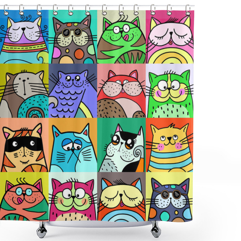 Personality  A Cute Set Of Hand Drawn Doodle Pet Cat Portraits Forming A Tiled Mosaic Background. Shower Curtains