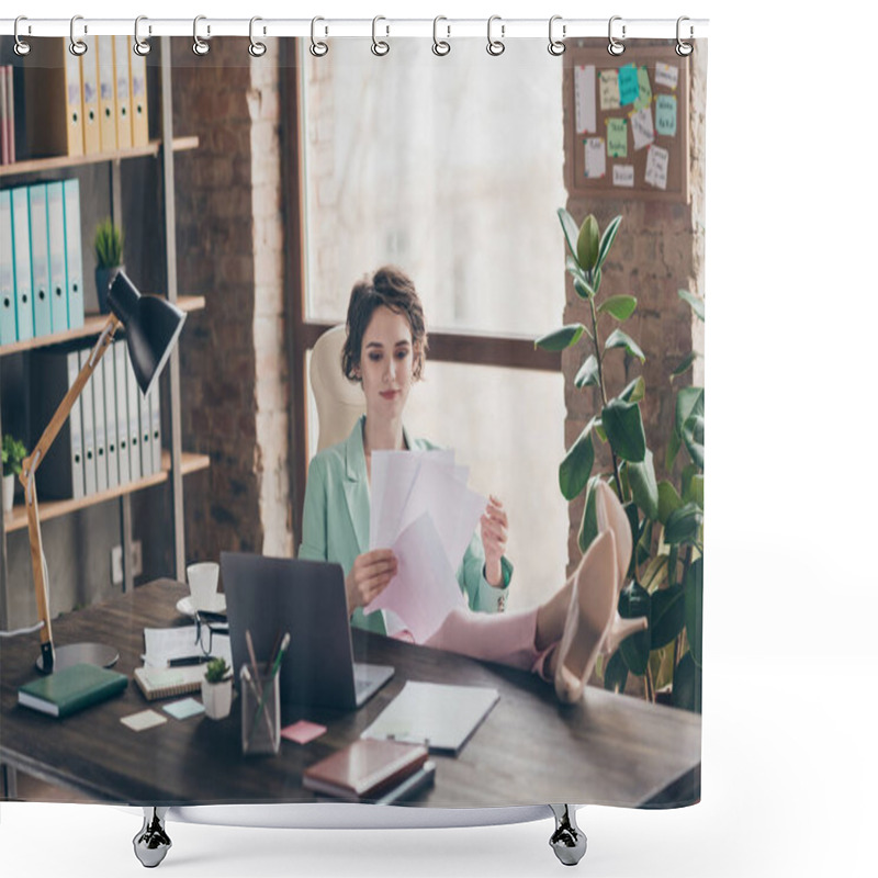 Personality  Photo Of Attractive Business Boss Lady Notebook Table Distance Home Remote Work Hold Papers Documents Legs On Table Confident Chief Sit Chair Modern Interior Office Indoors Shower Curtains