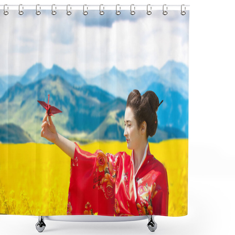 Personality  Geisha With An Origami Crane In The Yellow Flowering Field Shower Curtains