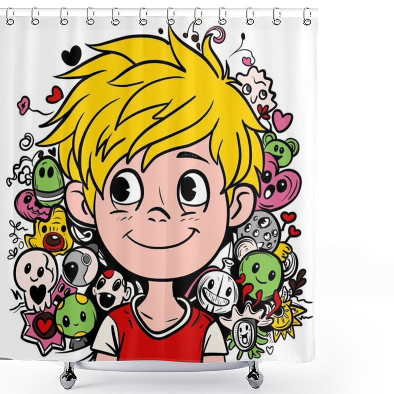 Personality  Illustration Of A Blonde Cartoon Boy Smiling Happily, Surrounded By Various Colorful And Whimsical Doodles, Including Hearts, Smiling Faces, And Playful Characters Shower Curtains