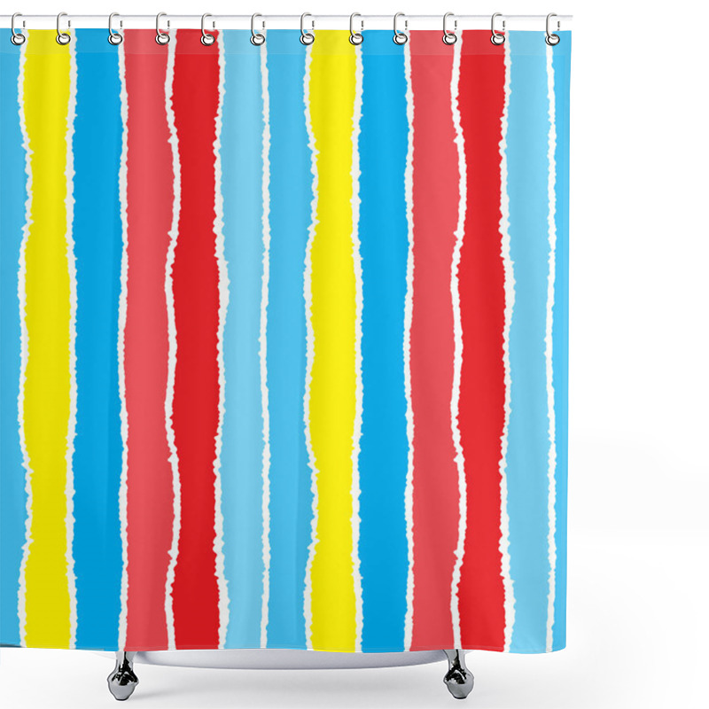 Personality  Seamless Strip Pattern. Vertical Lines With Torn Paper Effect. Shred Edge Background. Summer, Warm, Yellow, Red, Sky, Blue, Tropical Colors. Vector Illustration Shower Curtains